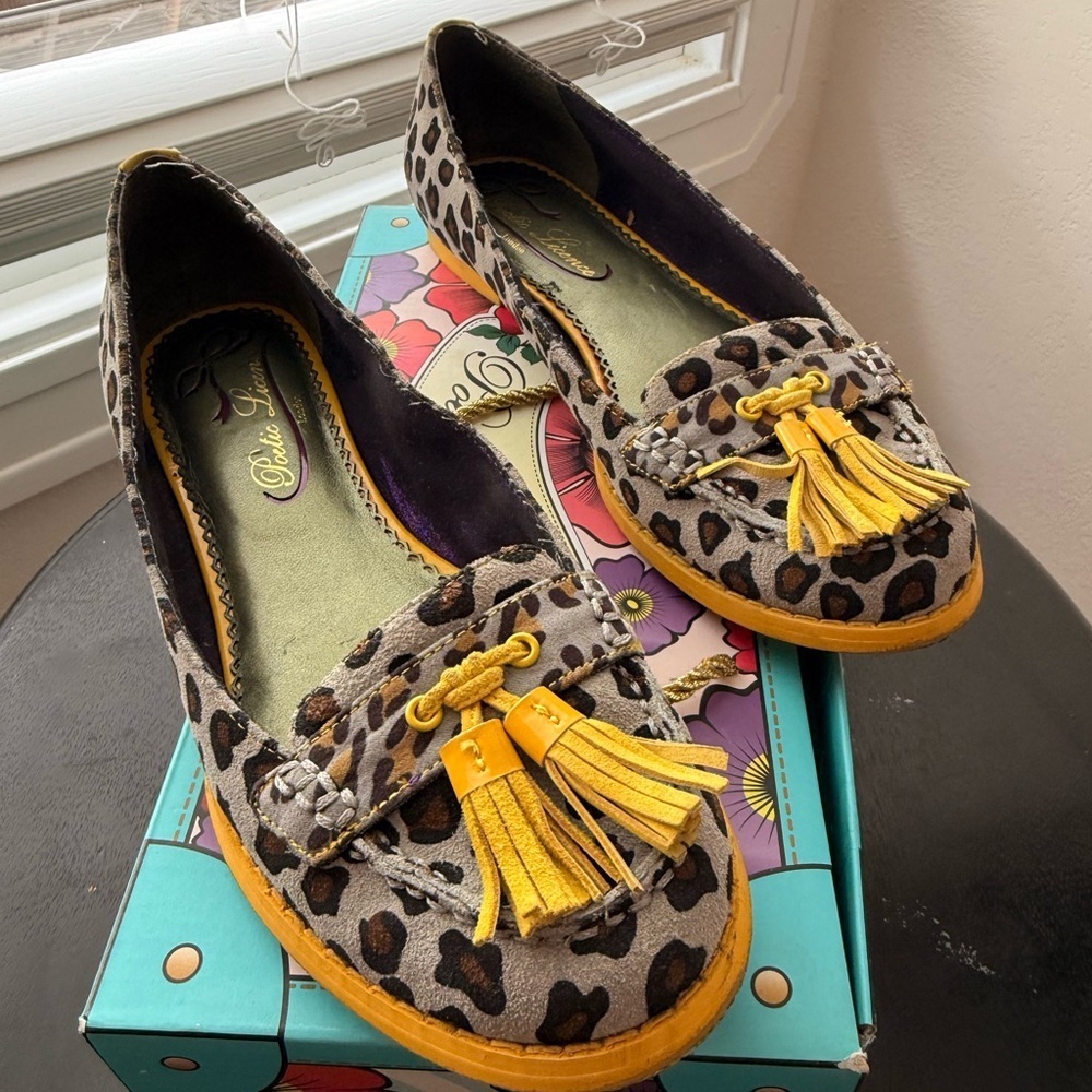 Poetic Licence Leopard Flats with Yellow Tassels Size 8.5